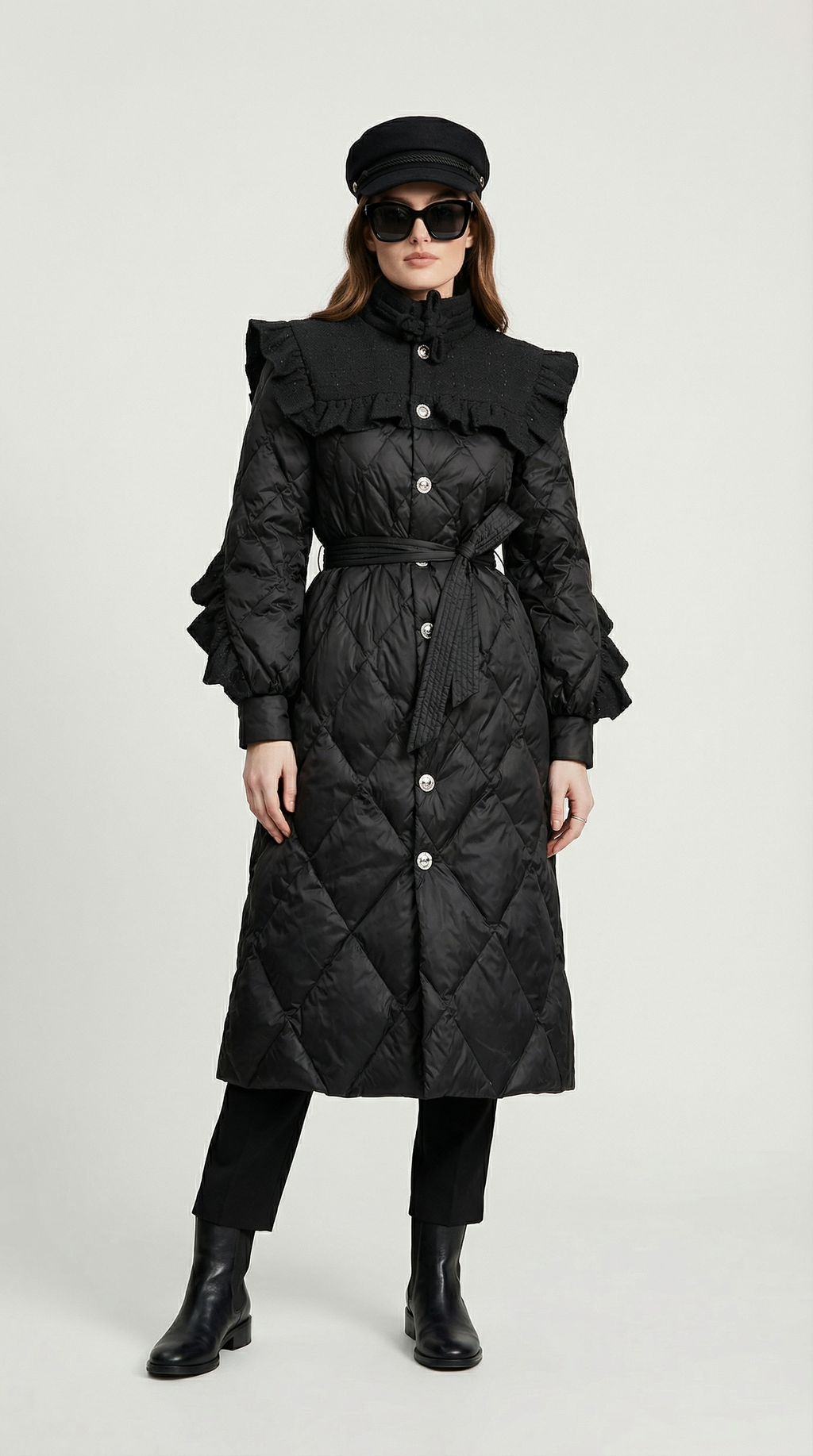 Ophira - Diamond-Quilted Down Coat with Tweed-Textured Upper Yoke
