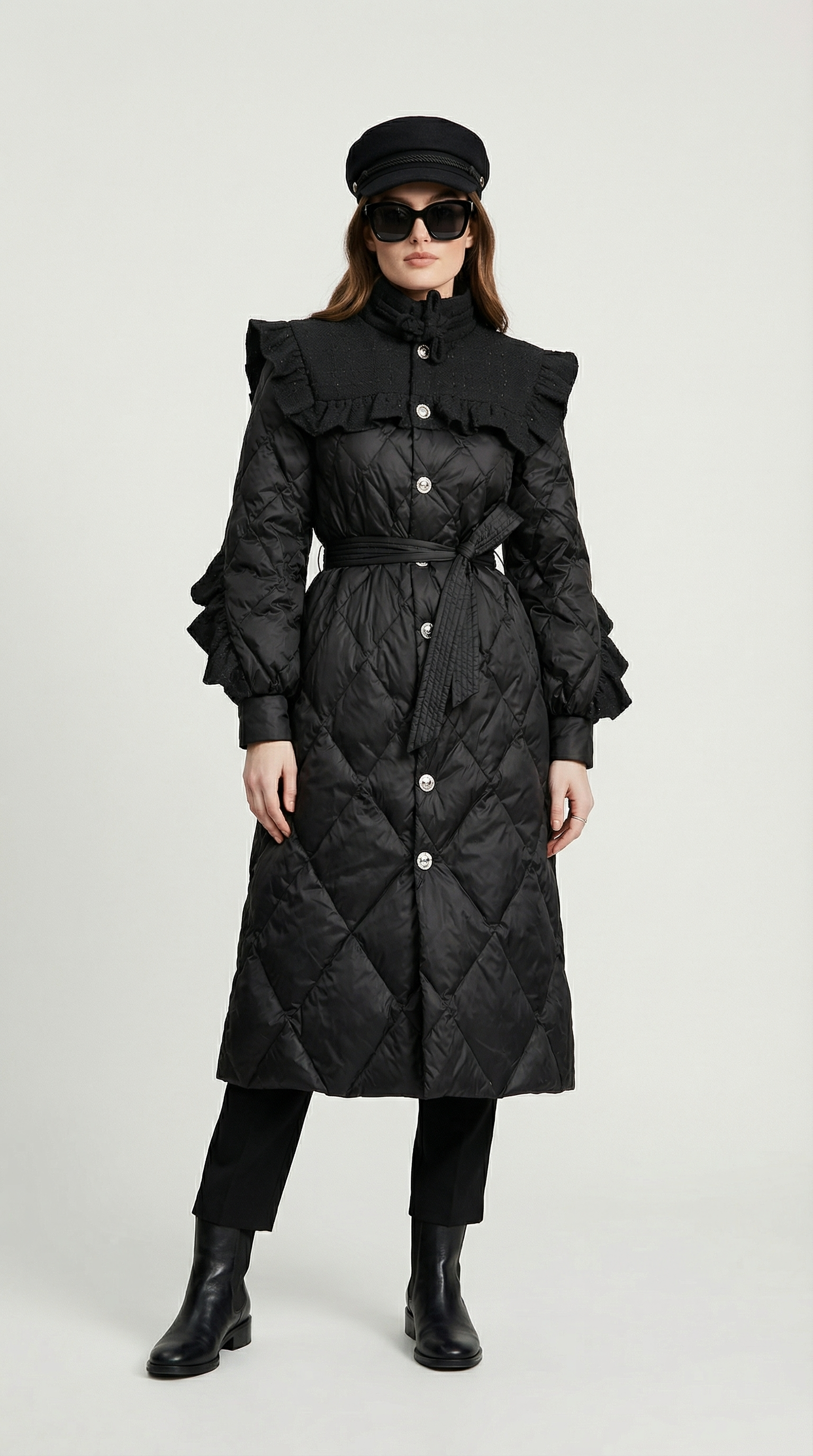 Ophira - Diamond-Quilted Down Coat with Tweed-Textured Upper Yoke