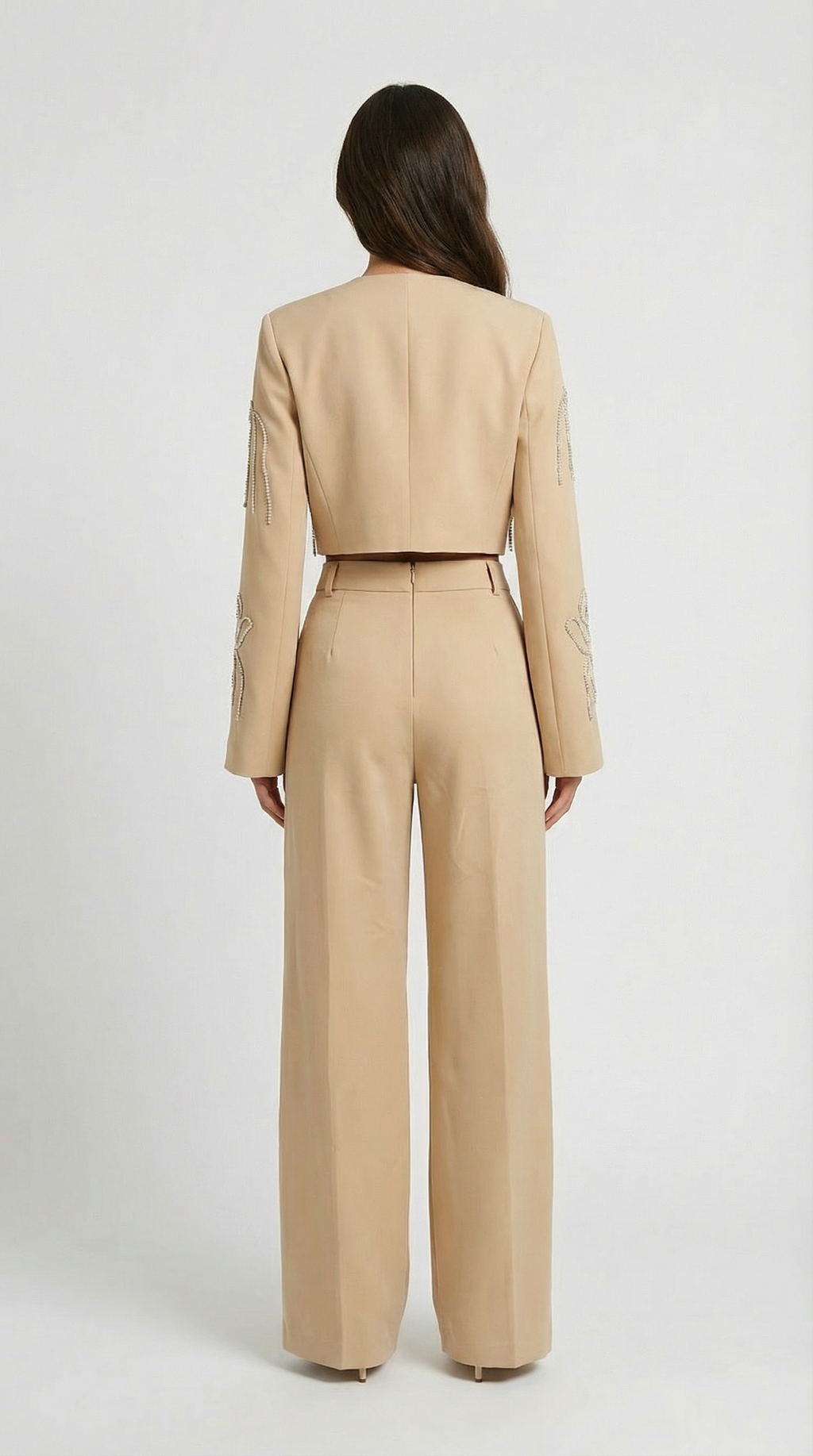 Aura - Embroidered Set with Cropped Jacket + High-Waist Trouser