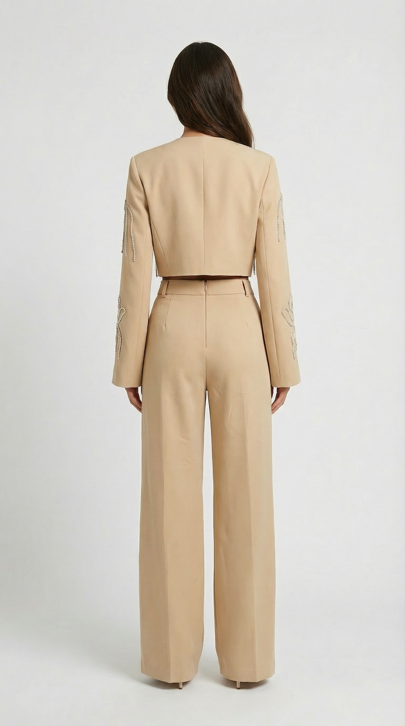 Aura - Embroidered Set with Cropped Jacket + High-Waist Trouser