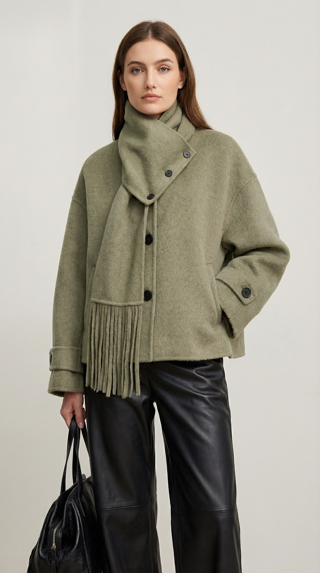Chantrel - Natural Wool Jacket with Scarf Collar and Sculpted V-Neck