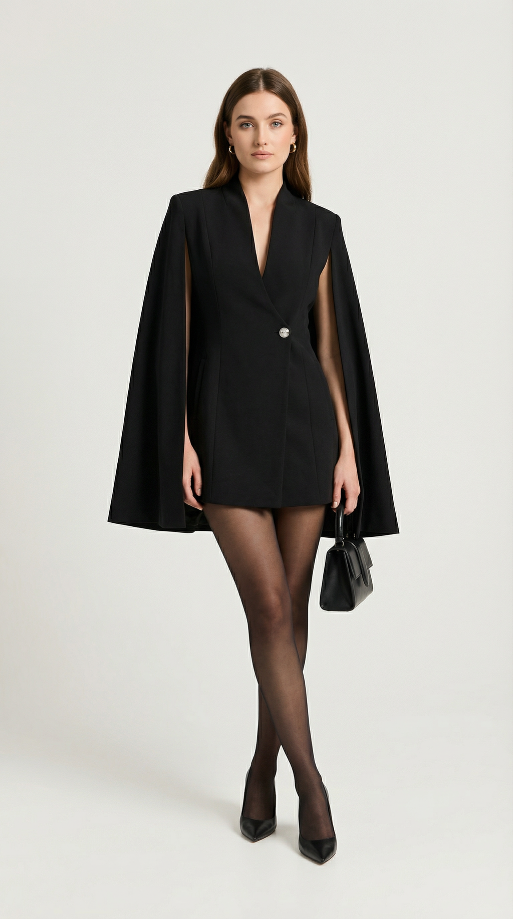 Larienne - Cape Dress with Deep V-Neckline and Statement Button Black