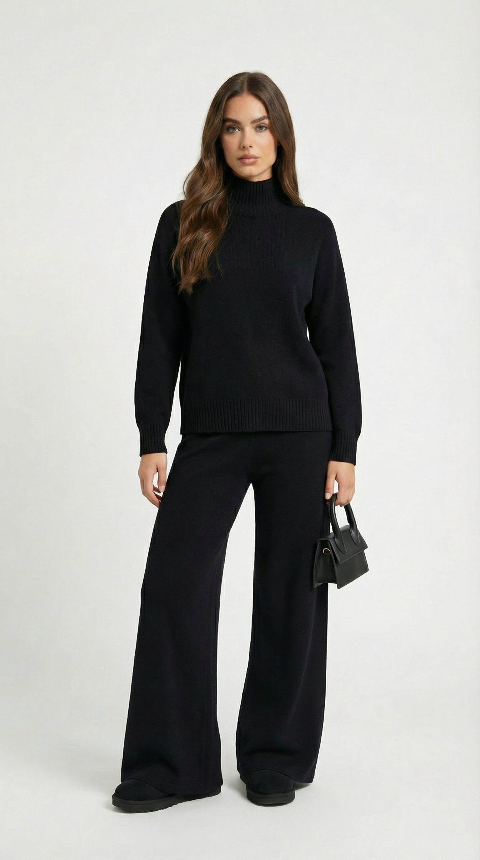 Vilo - 100% Wool Set with Thick Sweater and Wide Pants Black