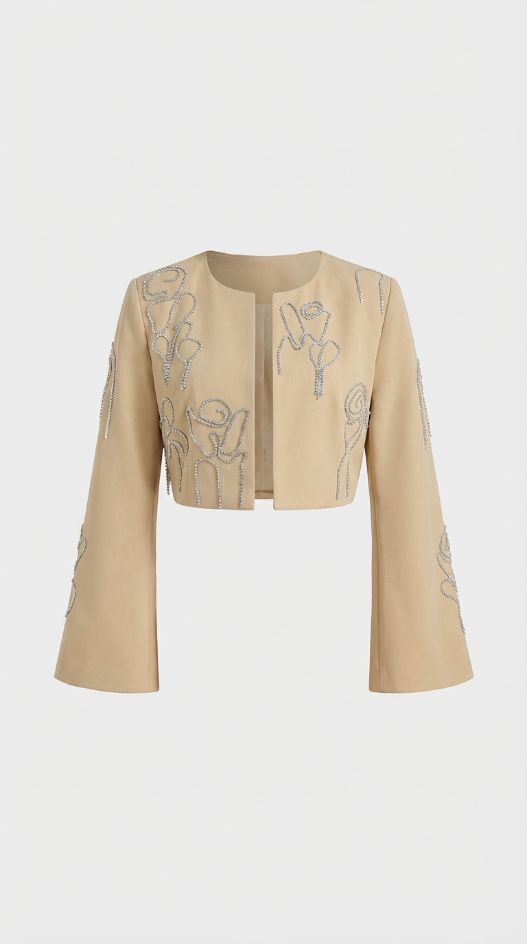 Aura - Embroidered Set with Cropped Jacket + High-Waist Trouser