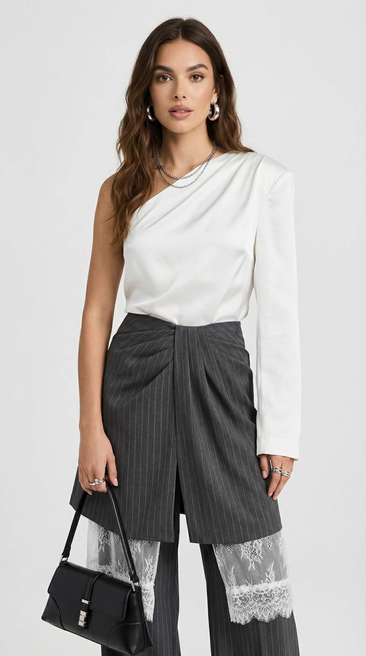 Solenne - Wide-Leg Striped Trousers with an Architectural Overlay Skirt