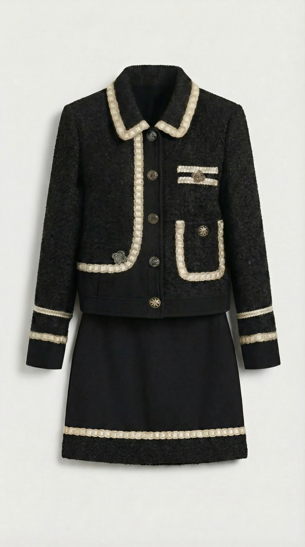 Avelin - Tweed Black Suit Set with Top and Mini A-Line Skirt