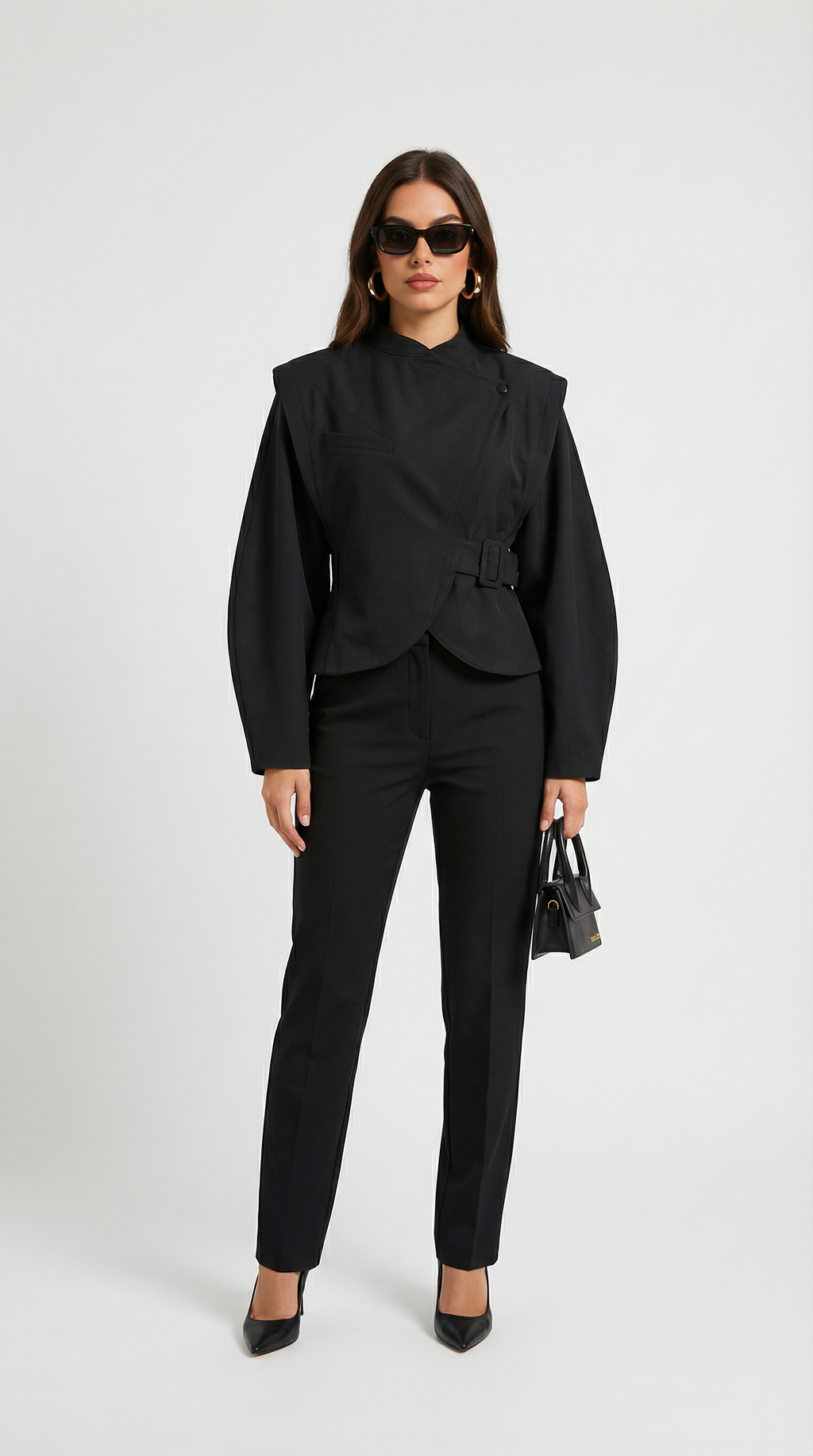 Maravel - Sculpted Wrap Jacket with Stand Collar and Asymmetric Wrap Black