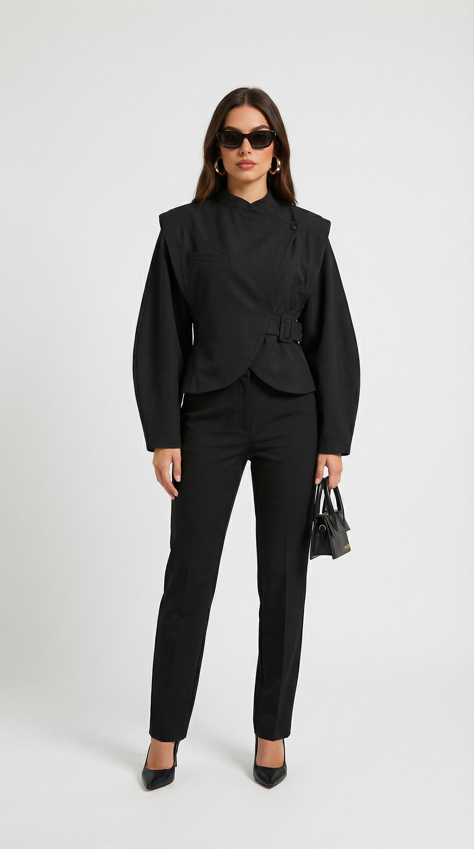 Maravel - Sculpted Wrap Jacket with Stand Collar and Asymmetric Wrap Black