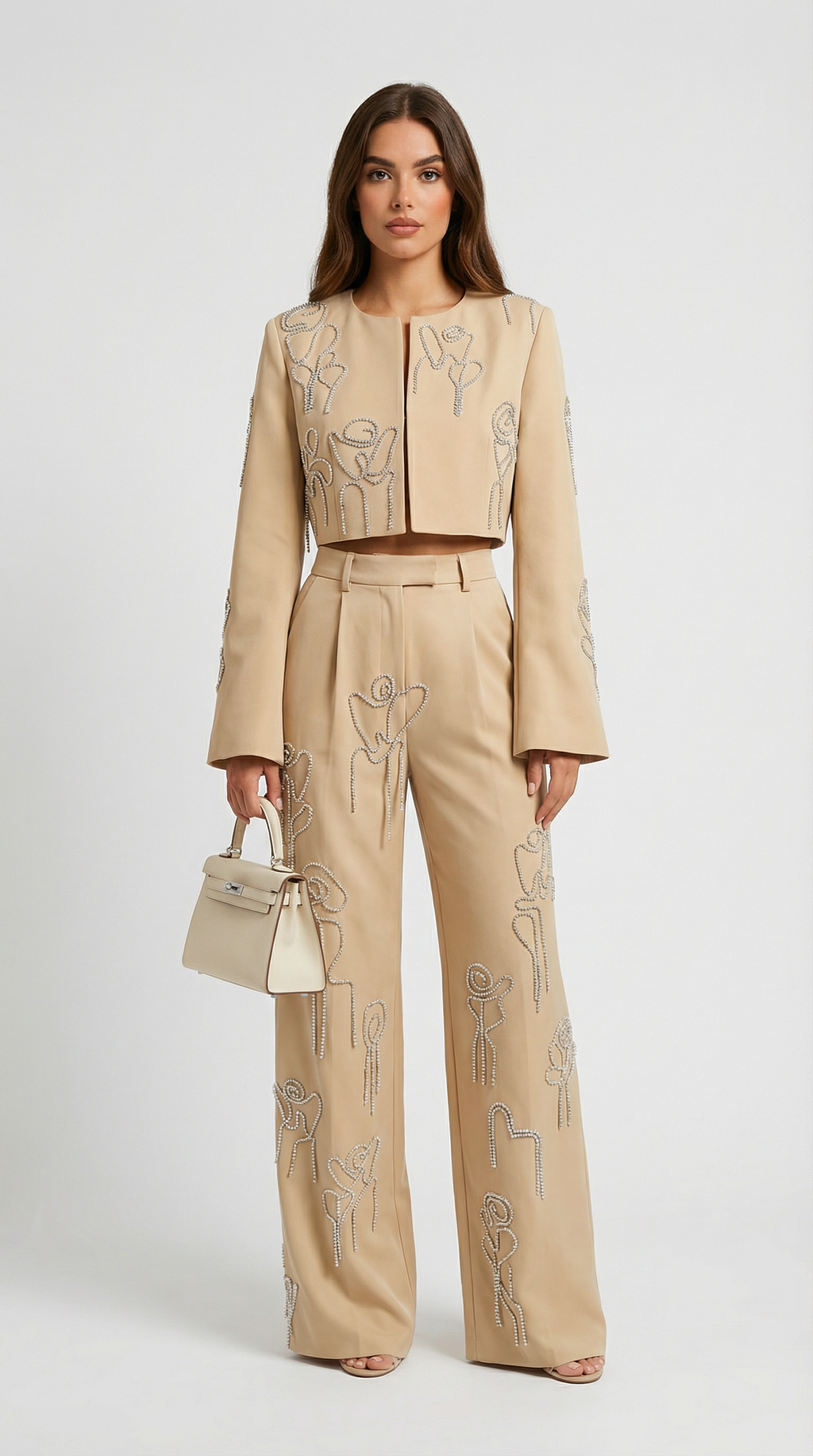 Aura - Embroidered Set with Cropped Jacket + High-Waist Trouser