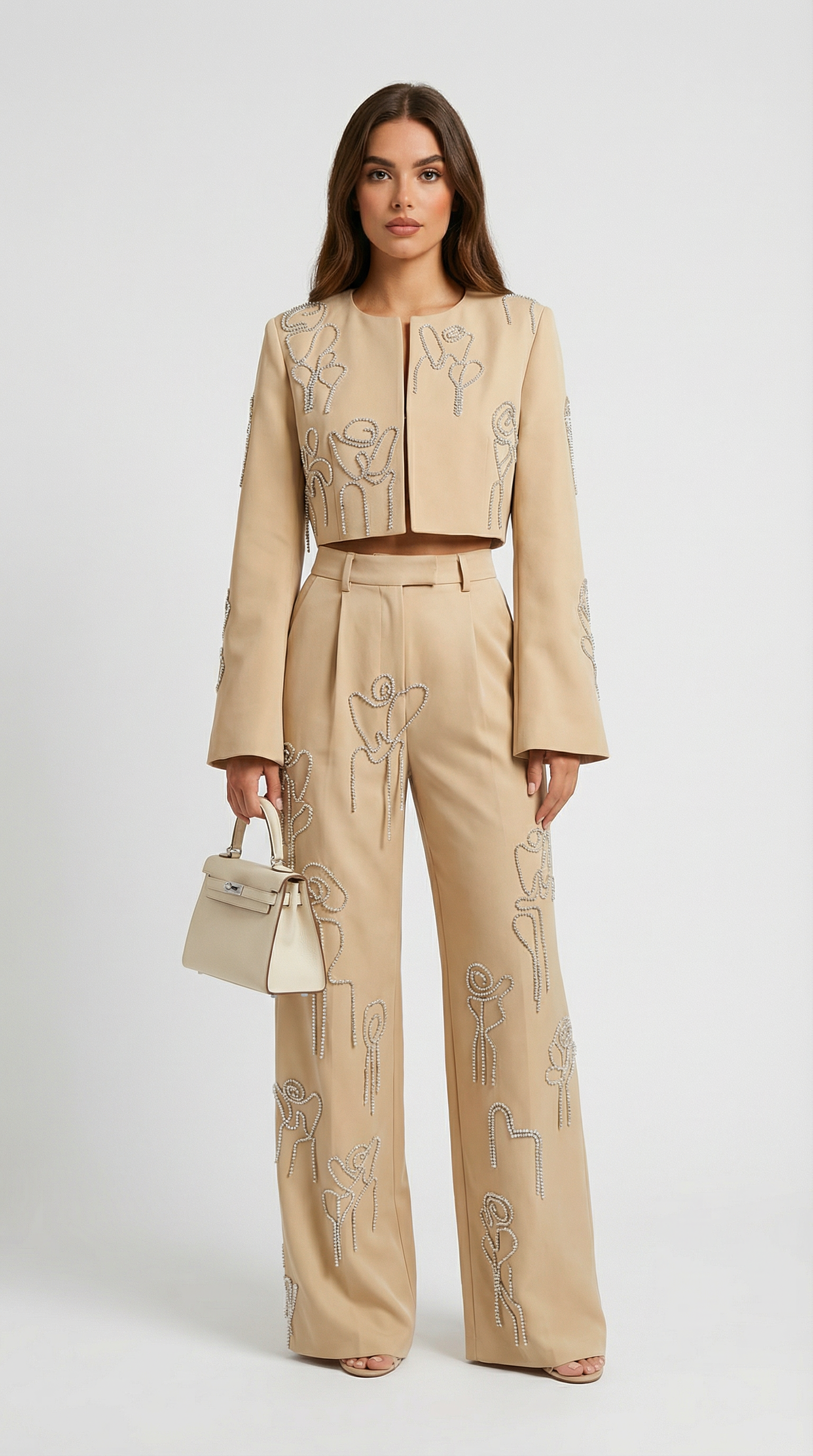 Aura - Embroidered Set with Cropped Jacket + High-Waist Trouser
