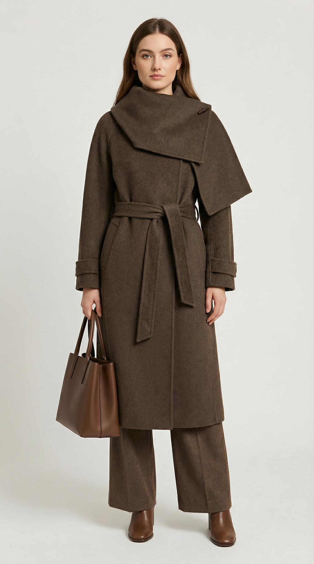 Aurelia - Natural Double Sided Wool Jacket with Soft Scarf Brown