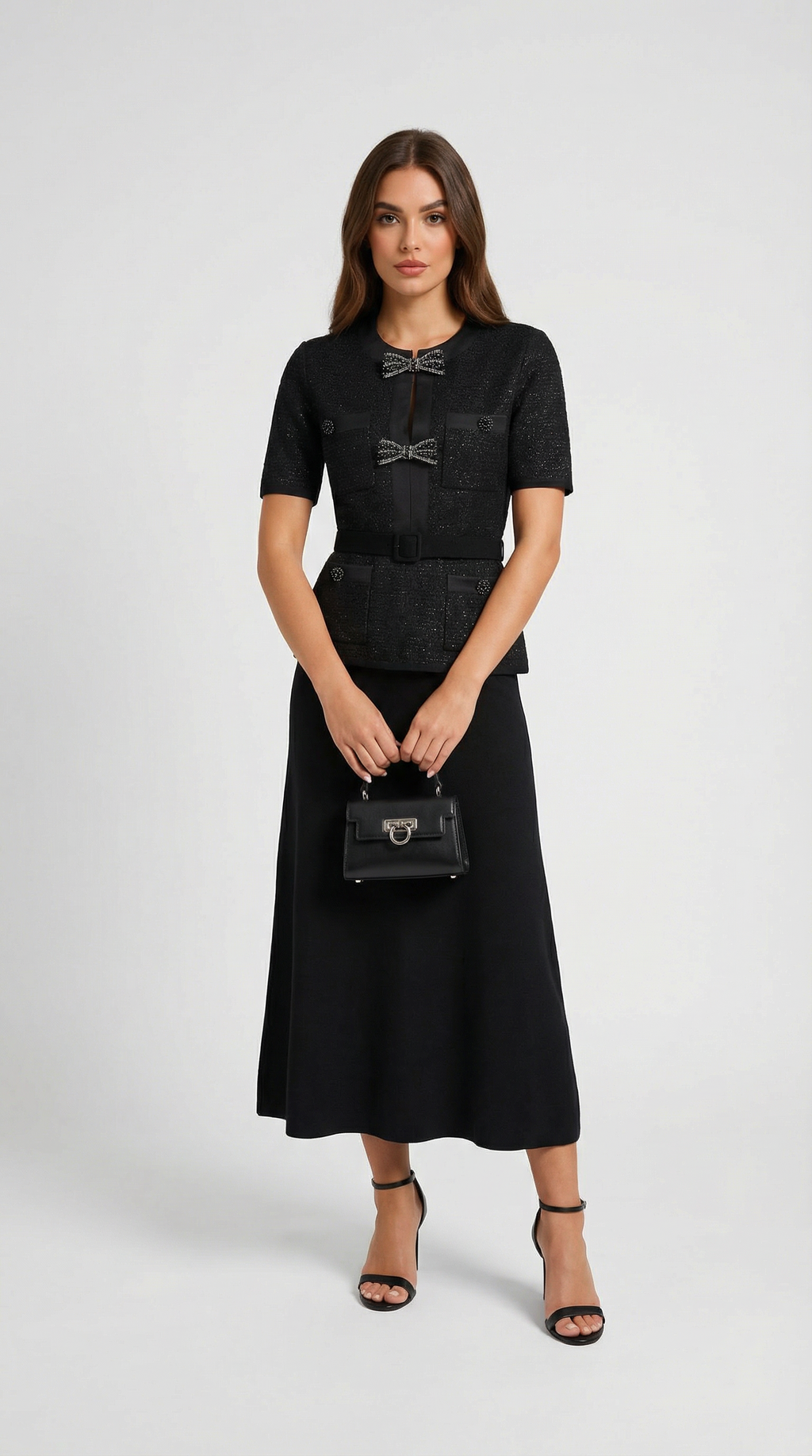 Caldera - Slimming Knitted Top with Bow Accents and Skirt Set