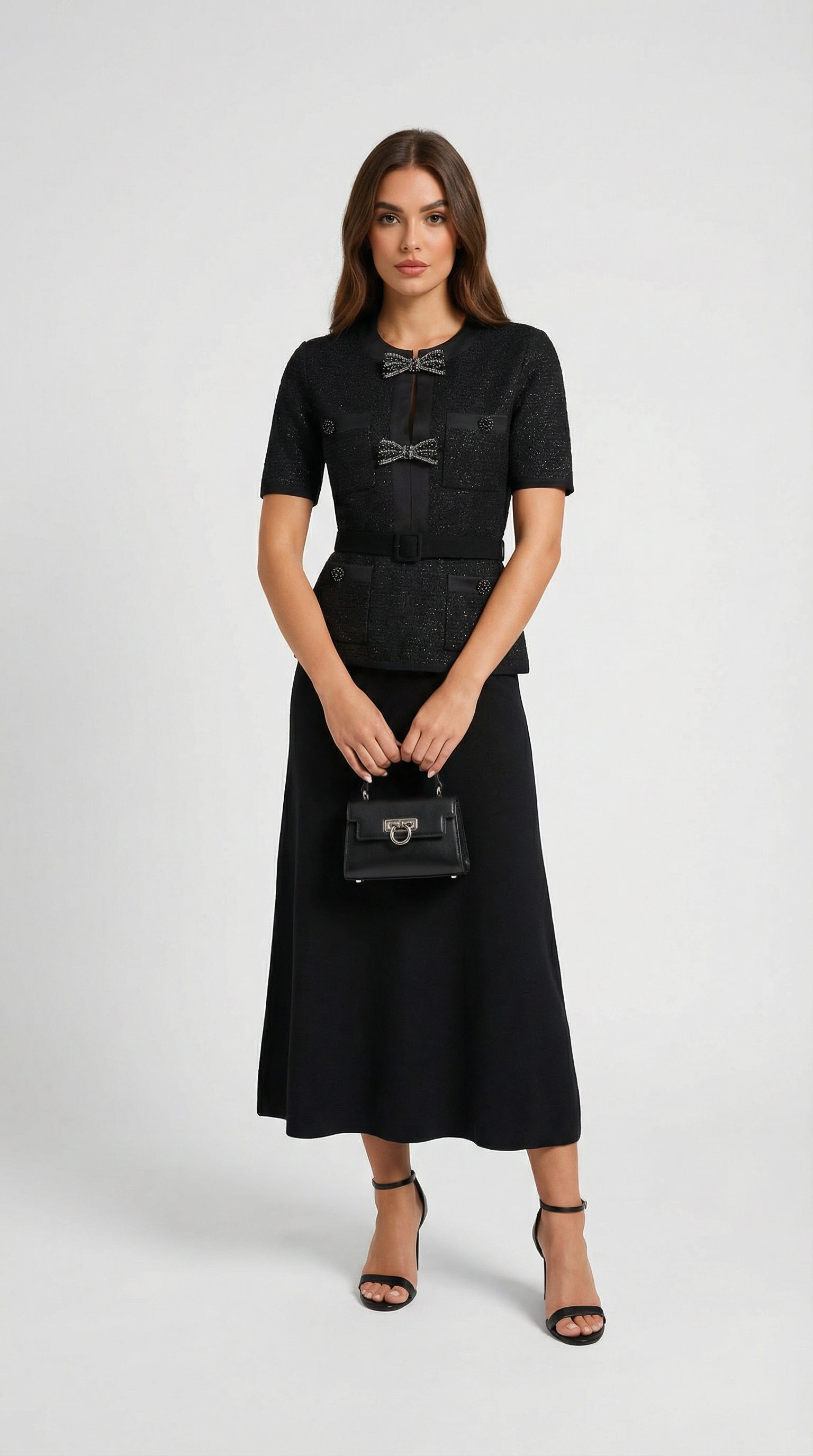 Caldera - Slimming Knitted Top with Bow Accents and Skirt Set