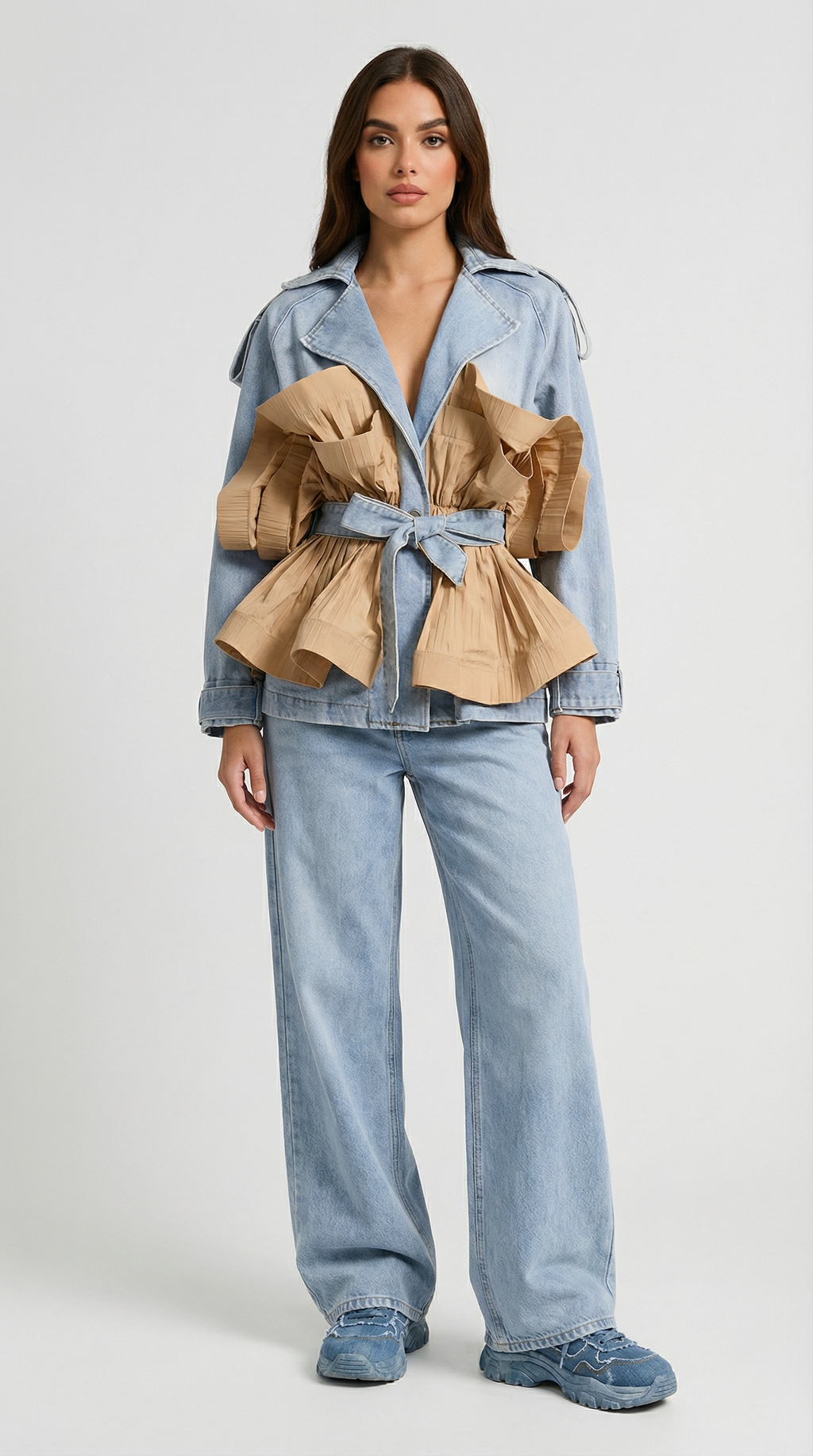 Seraphine - Ruffle Denim Jacket with Classic Lapel Collar