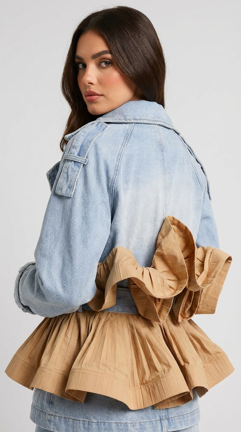 Seraphine - Ruffle Denim Jacket with Classic Lapel Collar